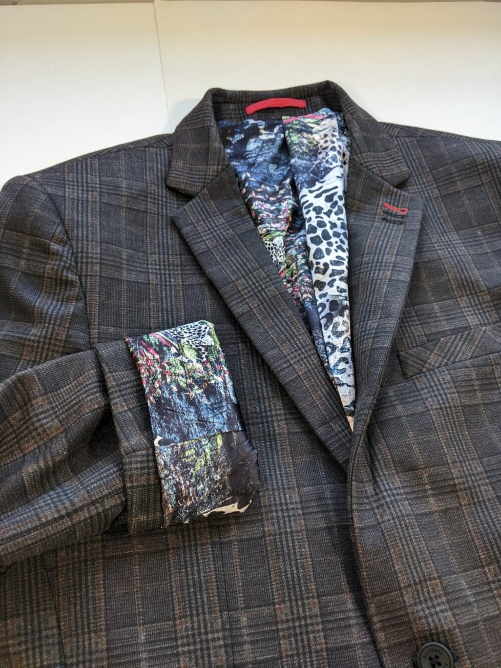 Au Noir Men 2-button Blazer Jacket Brown Plaid 42R colorful leopard lining